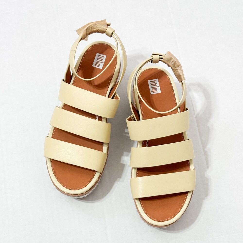 FITFLOP NWB Sz 9 Pale Yellow Leather Eloise Espadrille Wedge Sandals - Picture 7 of 10